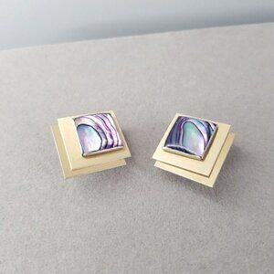 4/24$  Vintage abalone shell geometric art deco clip on earrings